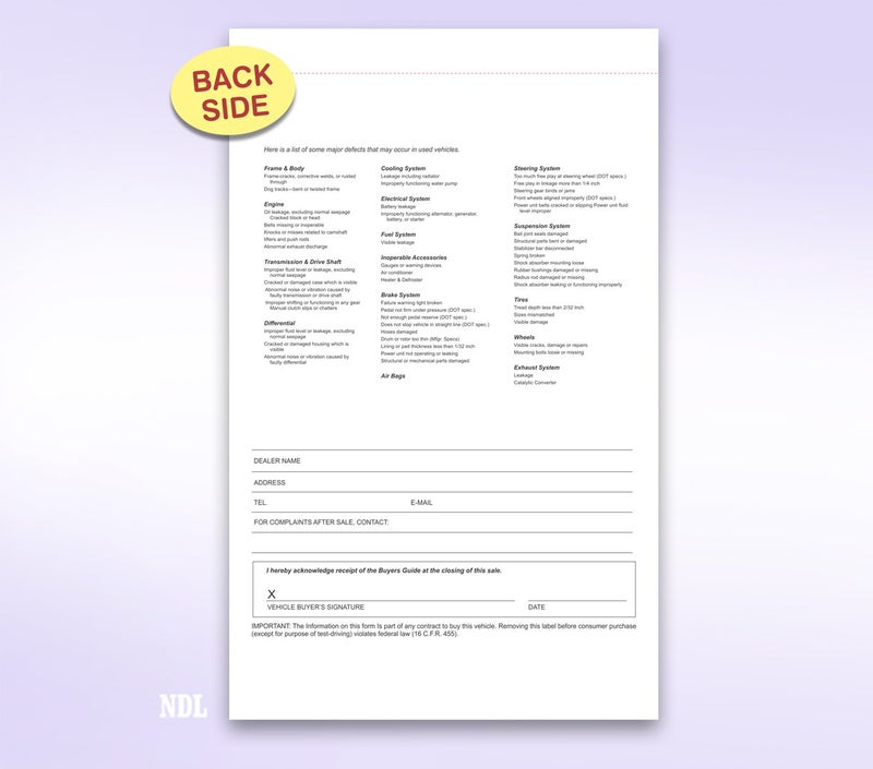 NextDayLabels 2 Part Dealer Buyers Guide Form, English Format - As is - No Dealer Warranty/Dealer Warranty (100) - Image 3